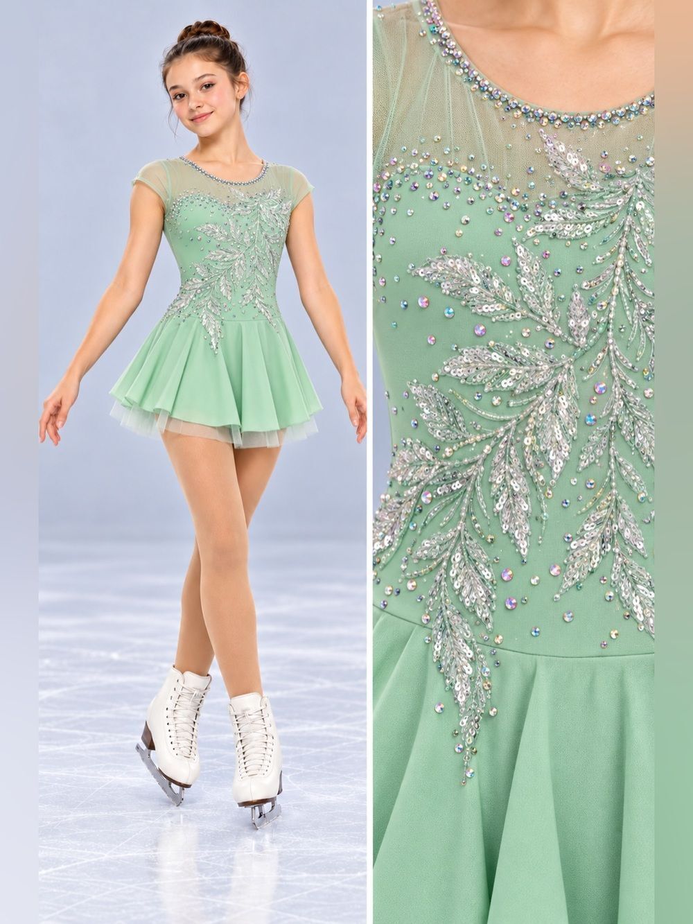 Custom solo dance ice skating ballet costume mint green pastel rhinestoned LC